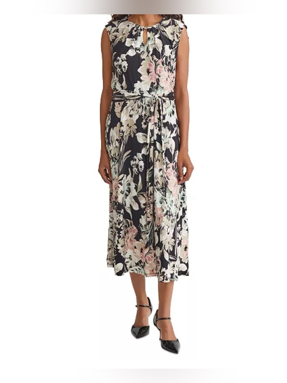 Kasper Women's Floral-Print Pleated-Neck Keyhole Midi Dress Pink/Cream Size 14